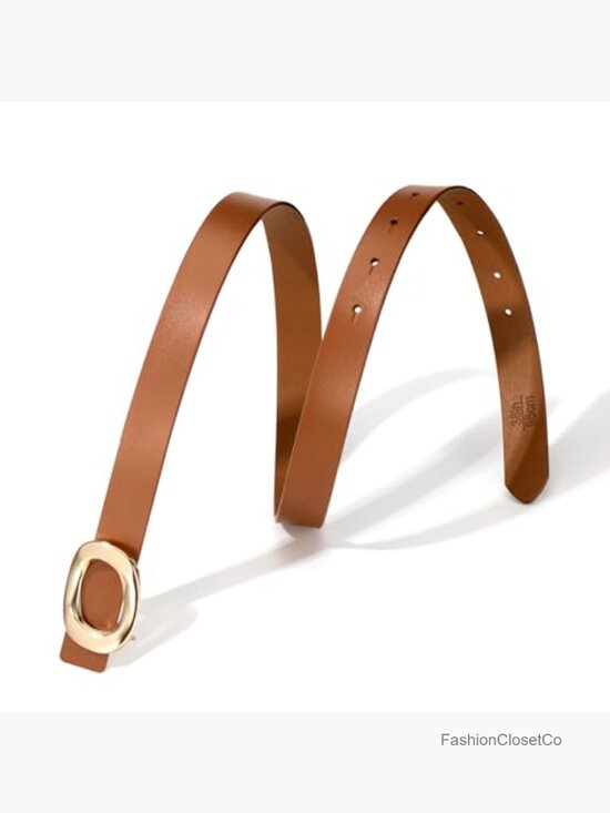 Cow Split Leather Skinny Belt with Gold Oval Buckle - Dress Pants